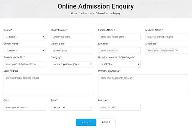 Admission Enquiry Form - Chhattisgarh Engineering College, Durg