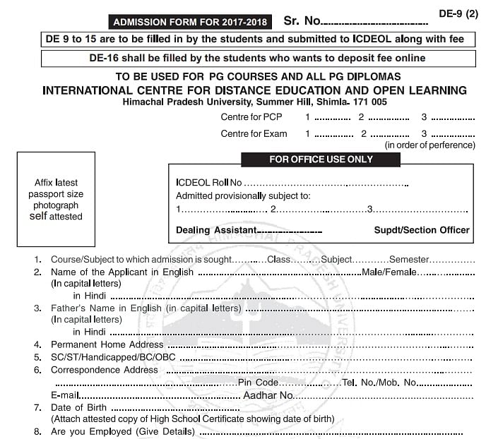 Himachal Pradesh University: International Centre for Distance Educational and Open Learning Application Form