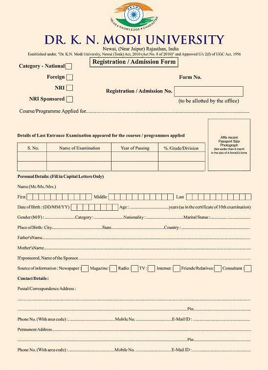 Application Form- Dr KN Modi University, Tonk