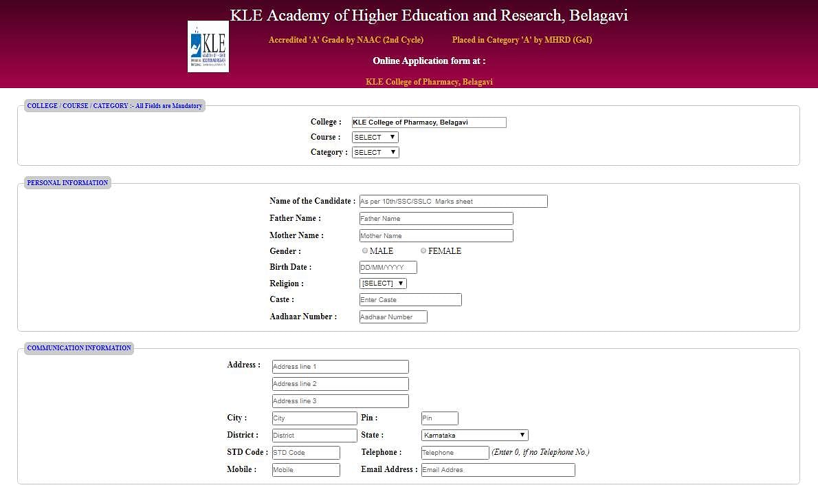 Application Form- KLE University, Belgaum