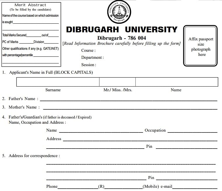 Dibrugarh University - Distance education Application Form
