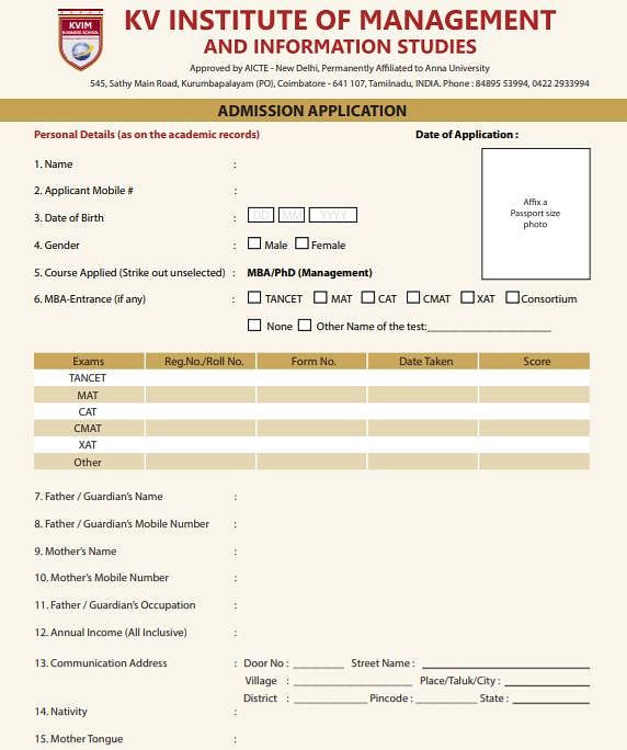 Application Form - KV Institute of Management and Informations Studies, Coimbatore
