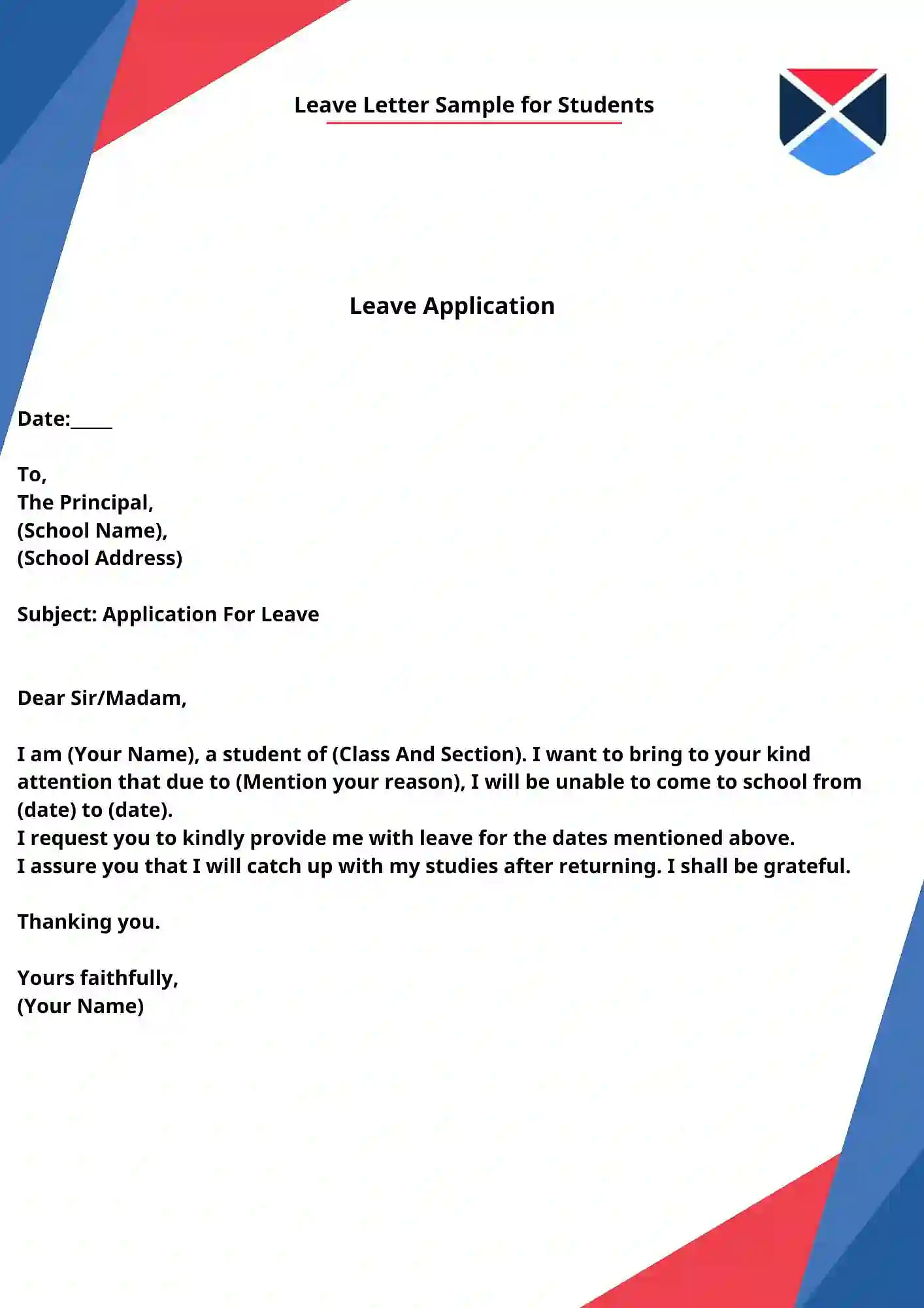 holiday application letter for school
