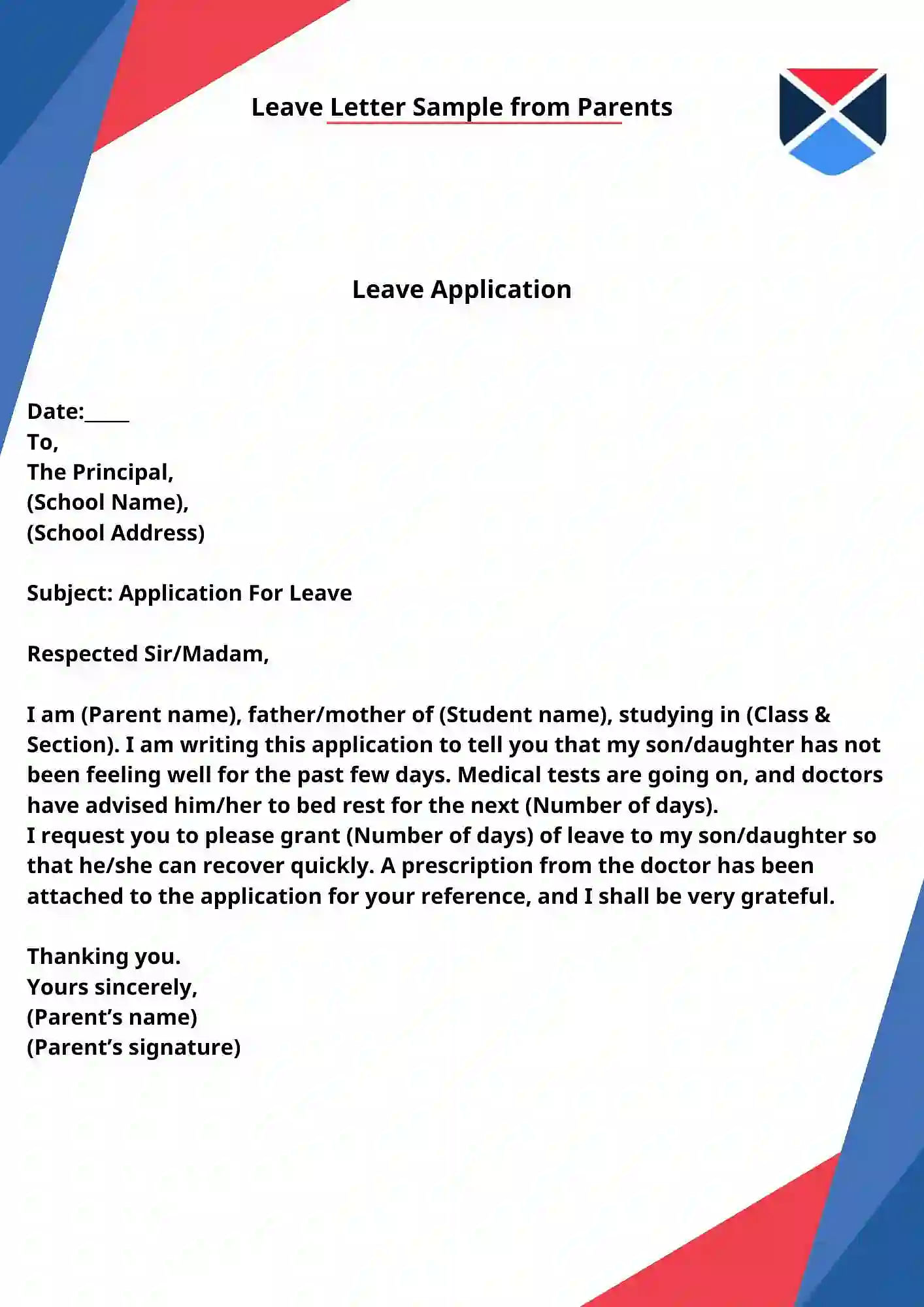 letter for leave application in school