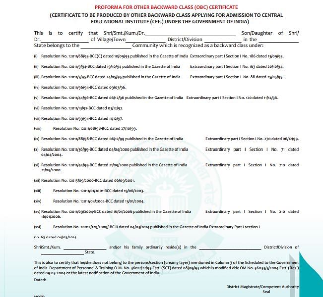 Proforma For Other Backward Class (OBC) Certificate