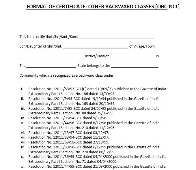 Format Of Certificate For Other Backward Classes