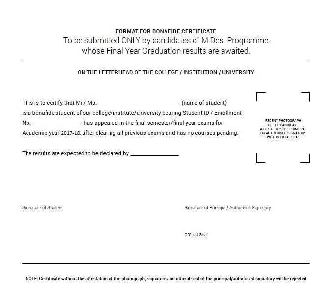 Format for M.Des Bonafide Certificate