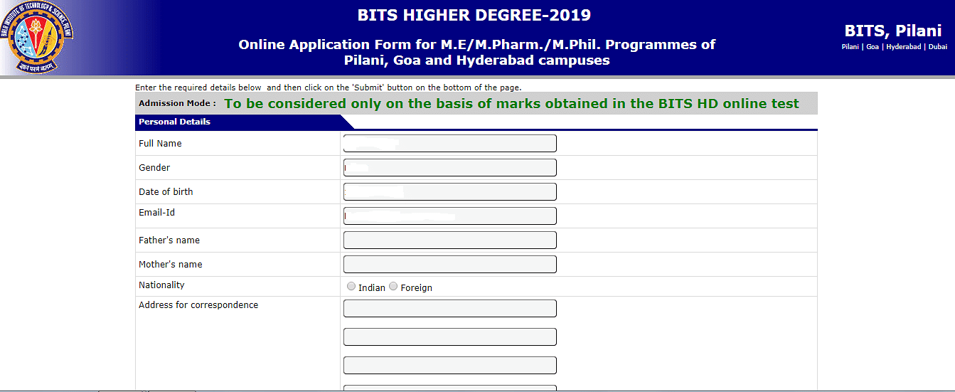BITS HD Application Form
