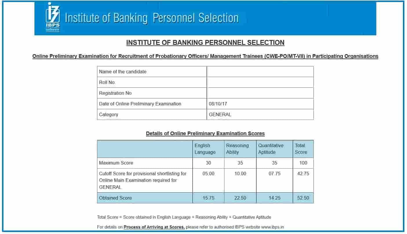 IBPS PO Results Sample Page
