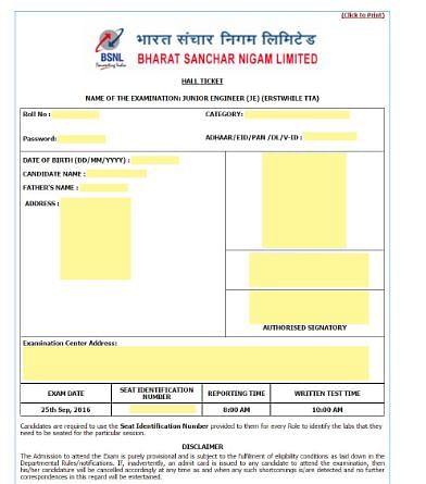 BSNL Sample Admit Card