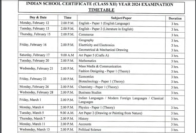 ISC 12th Time Table 2024 (Released) Check ISC Class 12th Date Sheet