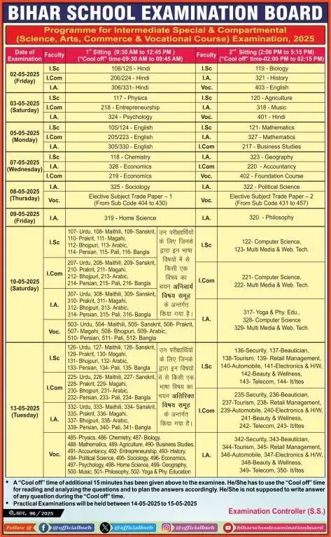 BSEB 12th Supplementary Date Sheet 2025