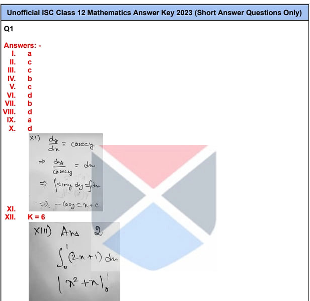 ISC Maths answer key