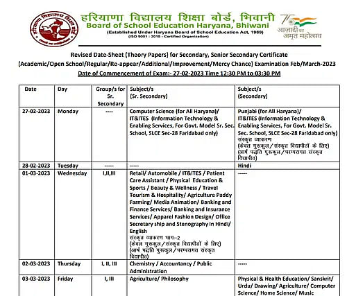 Sample HBSE 10th Date Sheet