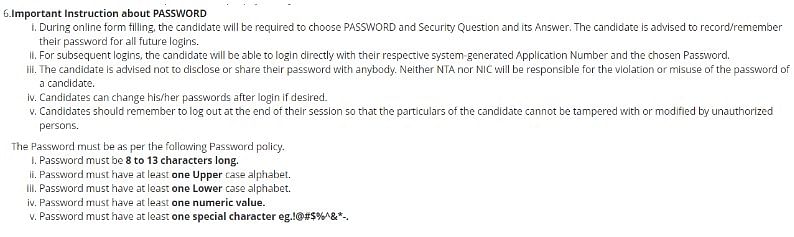 JEE Main 2023 Password Instructions
