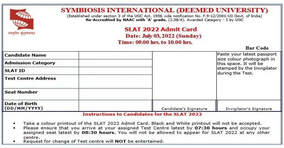 SLAT Admit Card Sample 2023