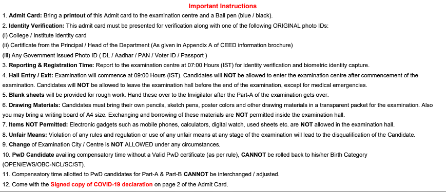 CEED Admit Card Instruction