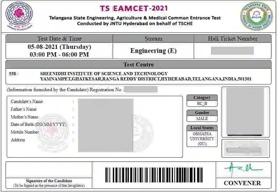 TS EAMCET Hall Ticket Sample Image