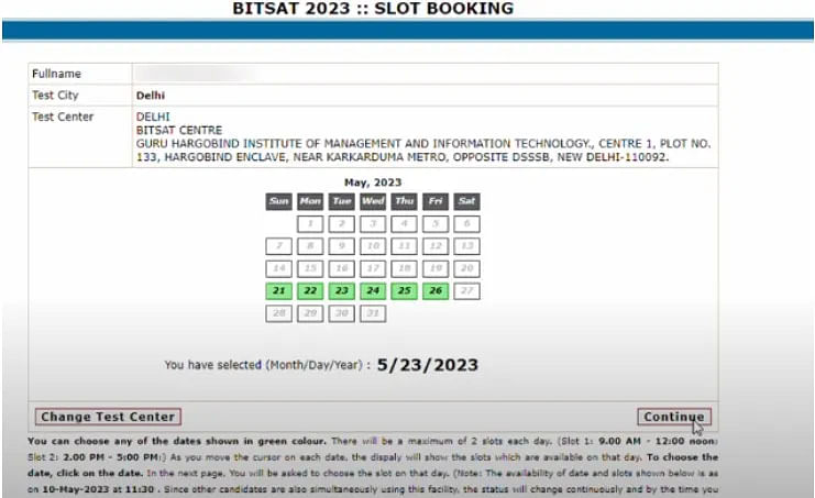 BITSAT Slot Booking - Exam Date