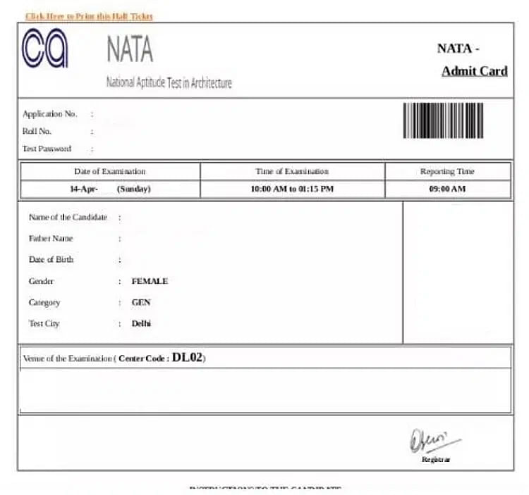 NATA Admit Card Sample