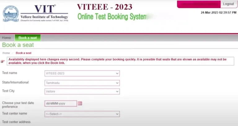 VITEEE Slot Booking Portal 2024