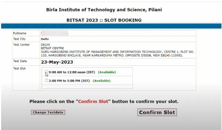 BITSAT Slot Booking - Time Slot