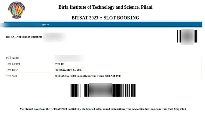 BITSAT Slot Booking - Confirmation Page