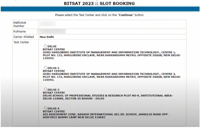 BITSAT Slot Booking - Exam Centre Selection