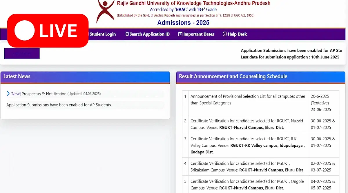 RGUKT AP Merit List 2025 (Live Updates): Download Link Soon