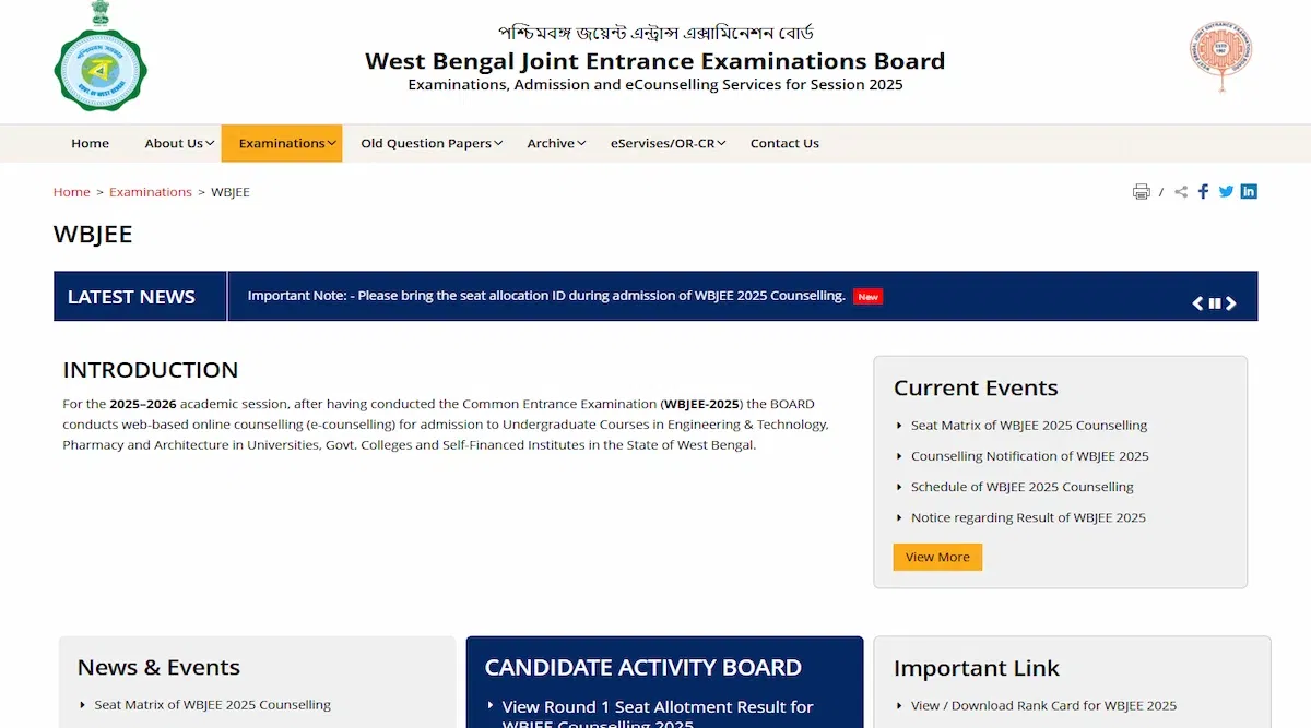 WBJEE 2025 Seat Allotment Round 2 (Live Updates) Link to be Activated Soon at wbjeeb.nic.in
