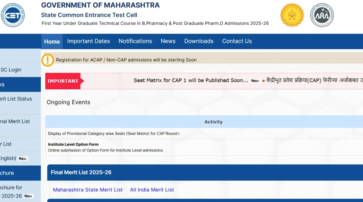 Maharashtra B.Pharmacy CAP Round 1 Vacant Seats 2025 PDF Link Activated