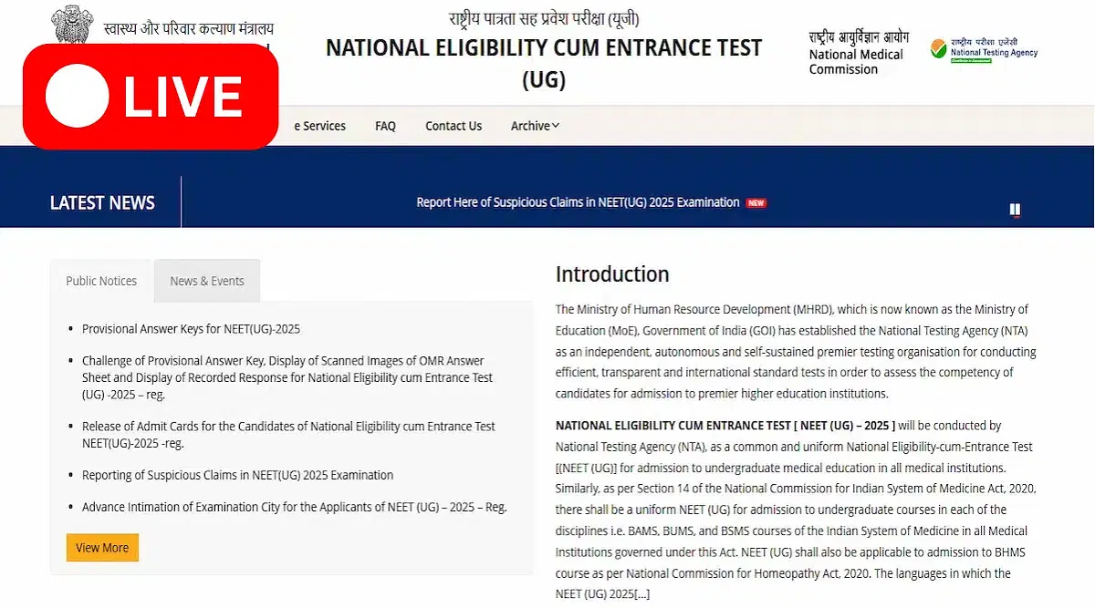 NEET Result 2025 (Released) Live Updates: Rank Card Download Link Activated