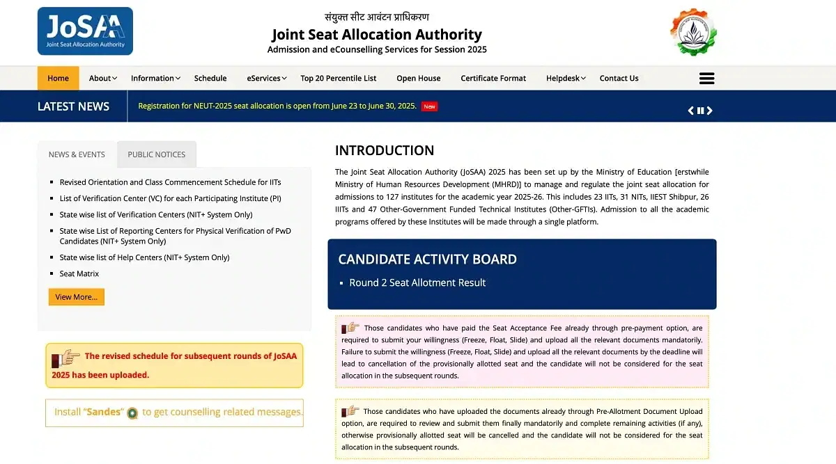 JoSAA Round 3 Seat Allotment Result 2025 Releasing Today: Seat acceptance dates and process