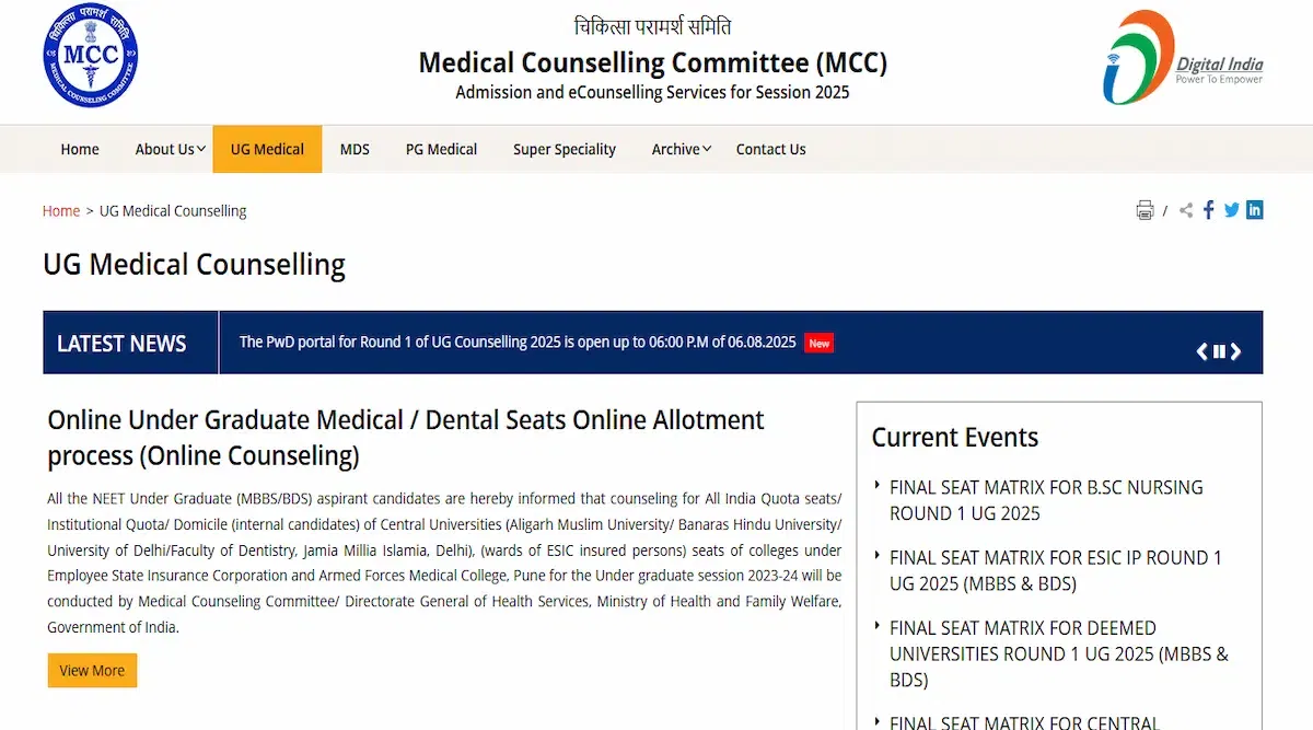 NEET Seat Allotment Result Link 2025 Round 1 (Live Updates)