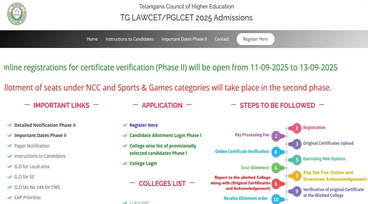 TG LAWCET Phase 2 Counselling Registration 2025 Last Date Today on 13 September