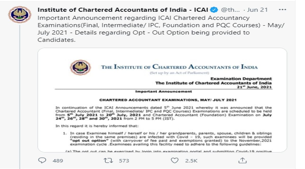 ICAI Issues Notification for Opt-Out Option For July Session Exams