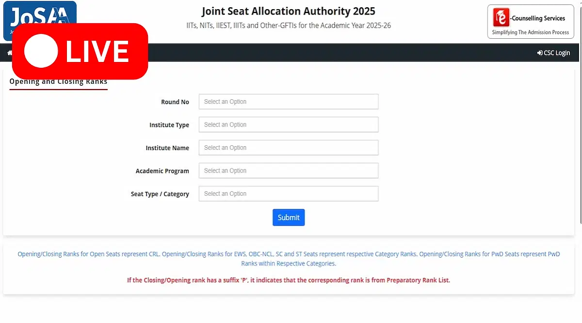 JoSAA Round 1 Cutoff 2025 (Released) Live Updates: IIT, NIT, IIIT, GFTI