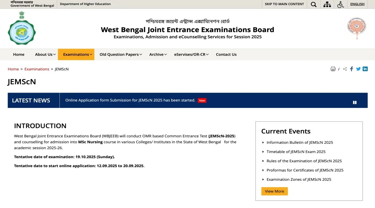 WB JE MSc Nursing Application Form 2025 Last Date Today on September 20