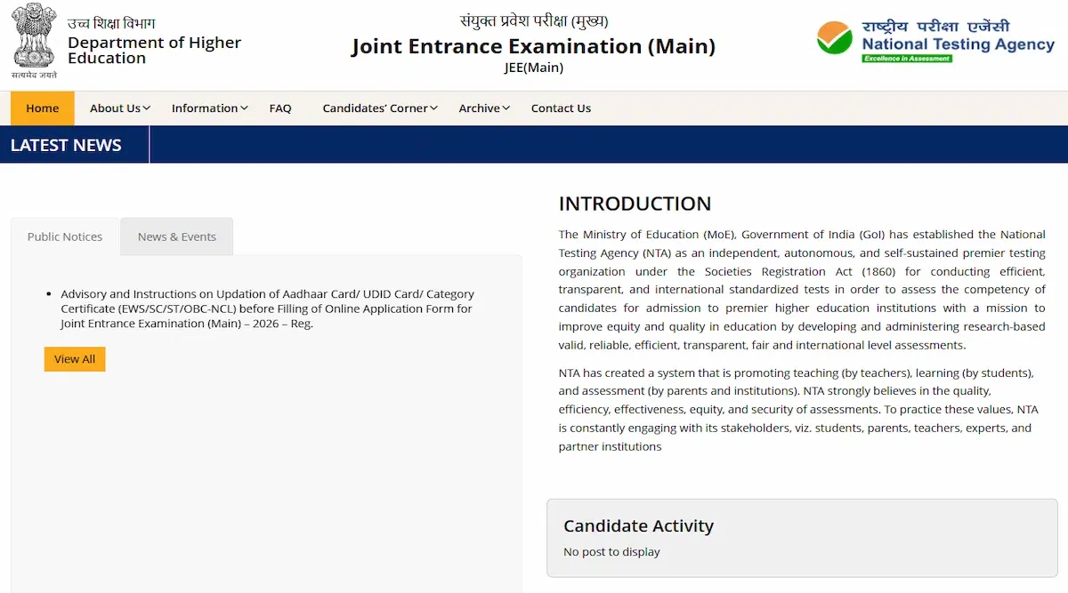 JEE Main Registration 2026 Session 1 Live Updates: Application Link Soon