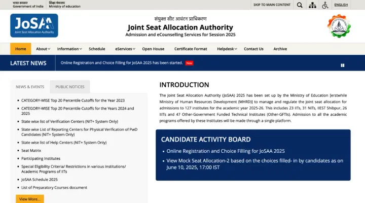 JoSAA Round 1 Seat Allotment 2025 Release Date and Time