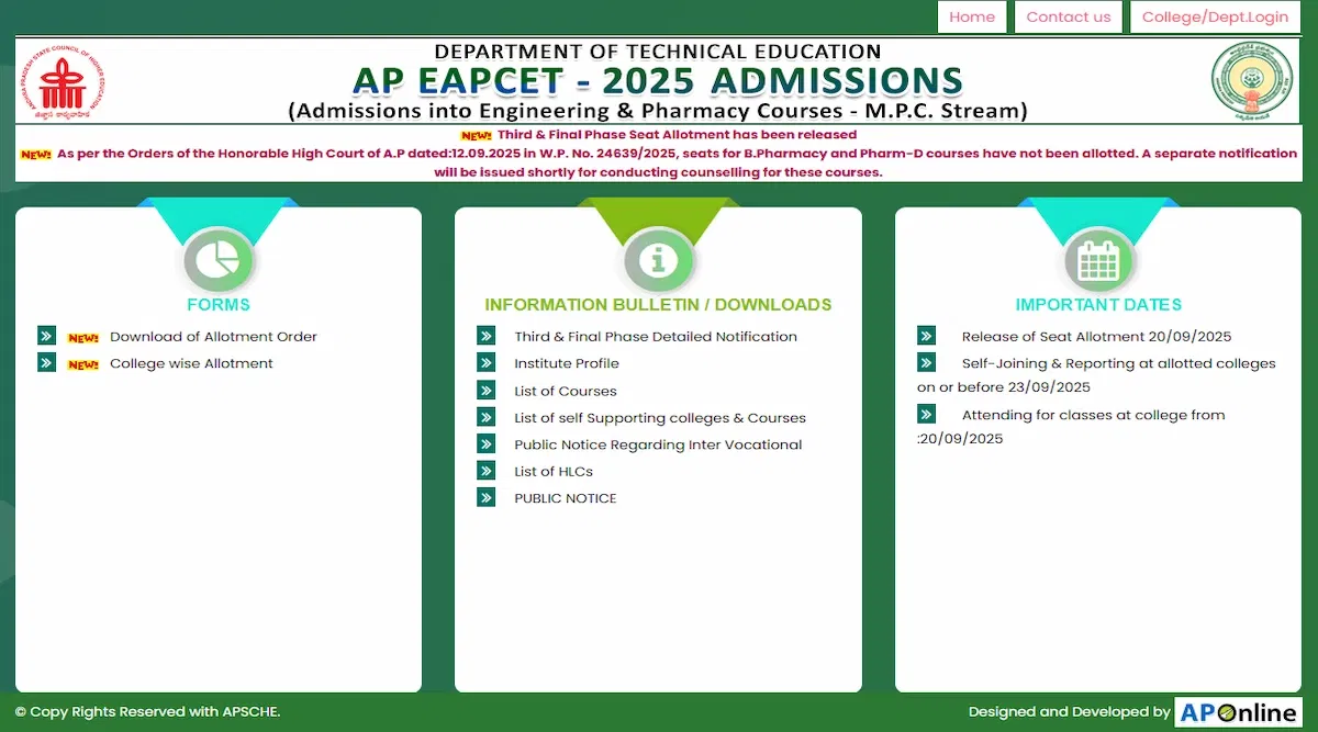 AP EAMCET 2025 Seat Allotment Result Link Phase 3 (Activated) LIVE Updates
