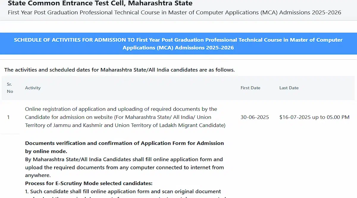 MAH MCA CAP Round 1 Seat Allotment Result 2025 Expected Time