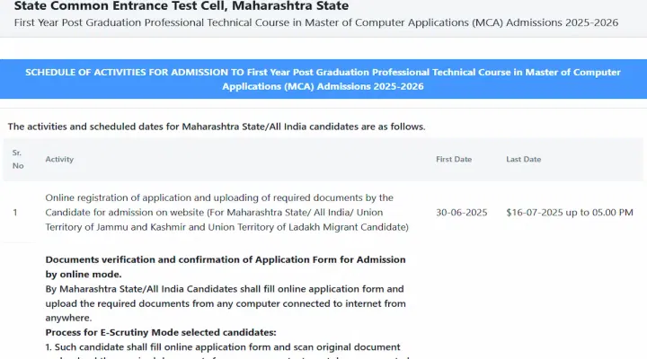 MAH MCA CAP Round 1 Seat Allotment Result 2025 Expected Time