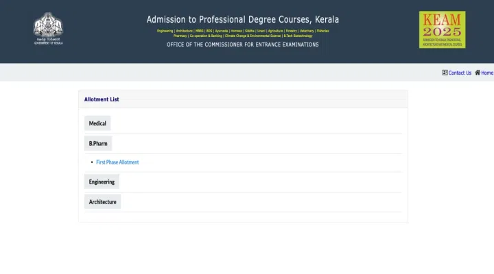 Kerala BPharma 2025 Seat Allotment Result For Round 1 (Released)