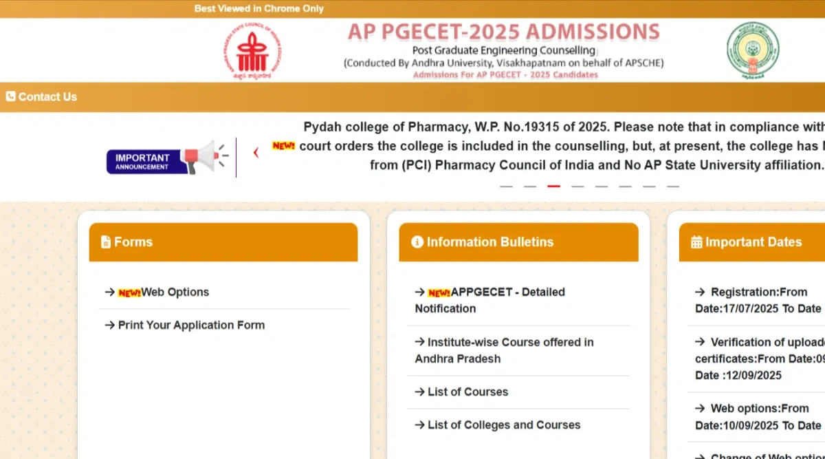 AP PGECET Web Options 2025 Last Date Today on September 14