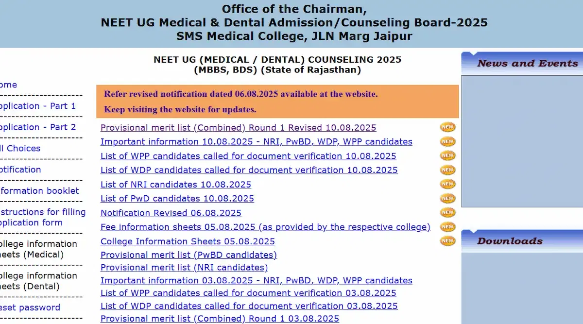 Rajasthan NEET UG Revised Merit List 2025 Download Link (Activated)