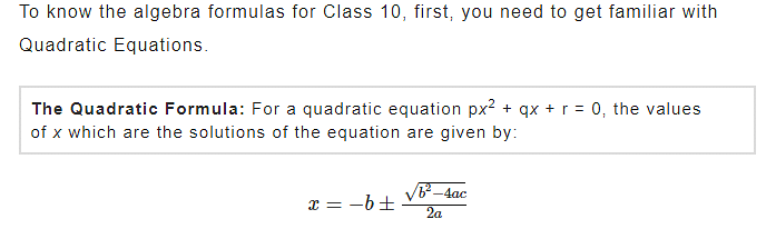 Algebra & Quadratic Equations Maths Formulas For Class 10th