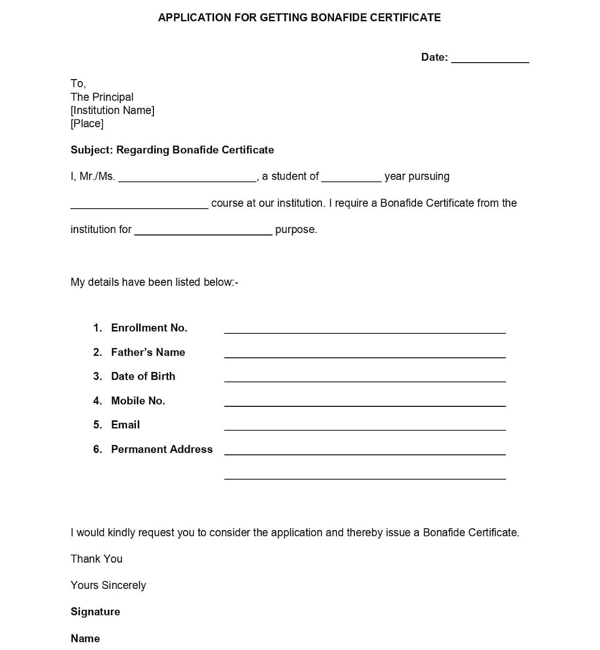 bonafide certificate application form format for students