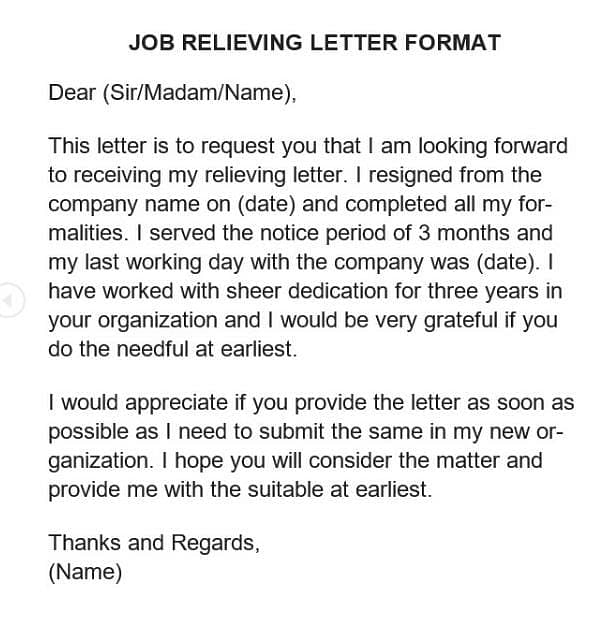 Job Relieving Letter Format