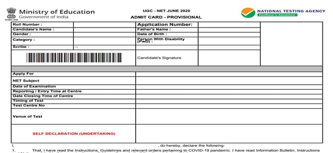 UGC NET Admit Card Sample